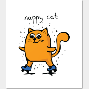 Happy Cat In Roller Skates Posters and Art